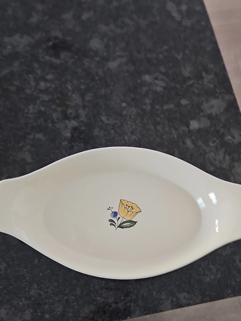 Vintage Asta Ceramic 12 1/2 Au Gratin Baking Dish  with Yellow Floral Motif Japa